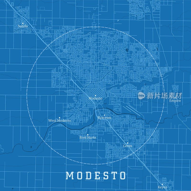 Modesto CA城市矢量道路地图蓝色文本